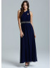 Navy Blue Chiffon Beads Cross Neckline Long Prom Dress